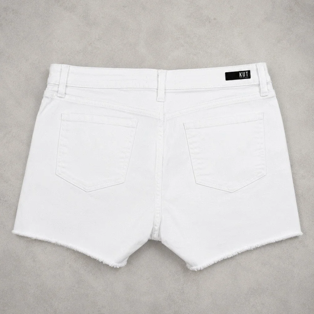 Kut from the Kloth Gidget Fray Short White Denim Raw Hem Stretch Size 12